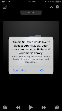 Shows the first permissions question that you wil see when starting the Smart Shuffle app for the first time